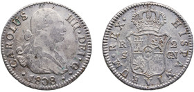 Spain Kingdom 1808 S CN 2 Reales - Carlos IV Silver (.806) Seville Mint 5.8g AU KM 430
