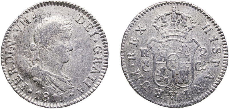 Spain Kingdom 1811 C CI 2 Reales - Fernando VII Silver (.812) Cádiz Mint 5.96g A...