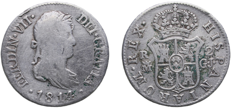 Spain Kingdom 1814 M GJ 2 Reales - Fernando VII Silver (.812) Madrid Mint 5.8g V...