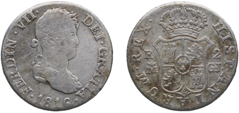 Spain Kingdom 1816 M GJ 2 Reales - Fernando VII Silver (.812) Madrid Mint 5.77g ...
