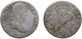 Spain Kingdom 1816 M GJ 2 Reales - Fernando VII Silver (.812) Madrid Mint 5.77g VF KM 460