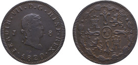 Spain Kingdom 1820 J 8 Maravedis - Fernando VII Copper Jubia Mint 10.09g XF KM 491