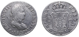 Spain Kingdom 1821 S CJ 2 Reales - Fernando VII Silver (.812) Seville Mint 5.9g VF Scratches KM 460