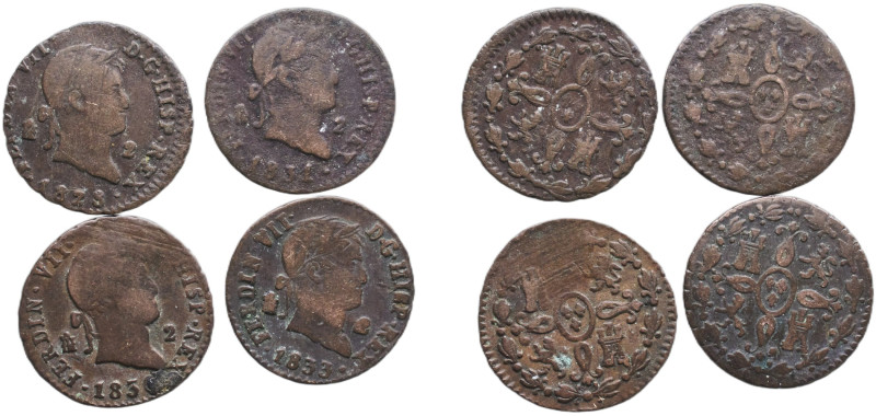 Spain Kingdom 1825 - 1833 2 Maravedis - Fernando VII (Lot of 4 Coins) Copper Seg...