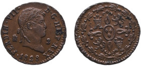 Spain Kingdom 1828 2 Maravedis - Fernando VII Copper Segovia Mint 2.37g UNC KM 487