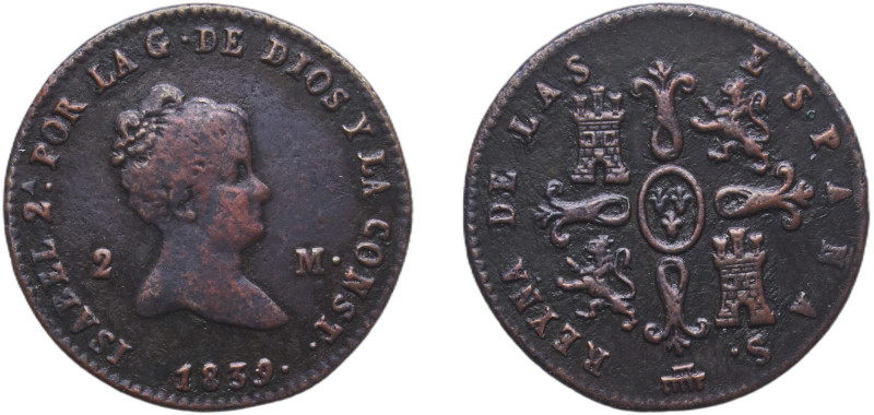 Spain Kingdom 1839 2 Maravedis - Isabel II Copper Segovia Mint 2.27g XF KM 532