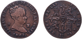 Spain Kingdom 1843 JA 8 Maravedis - Isabel II (Constitutional) Copper Jubia Mint 9.32g VF KM 531