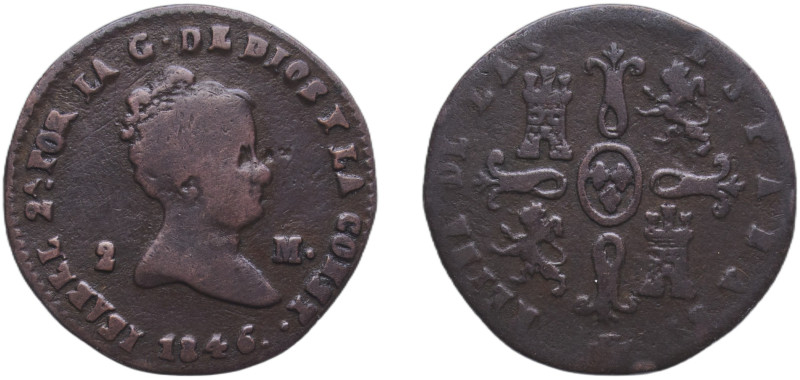 Spain Kingdom 1846 2 Maravedis - Isabel II Copper Segovia Mint 2.02g VF KM 532