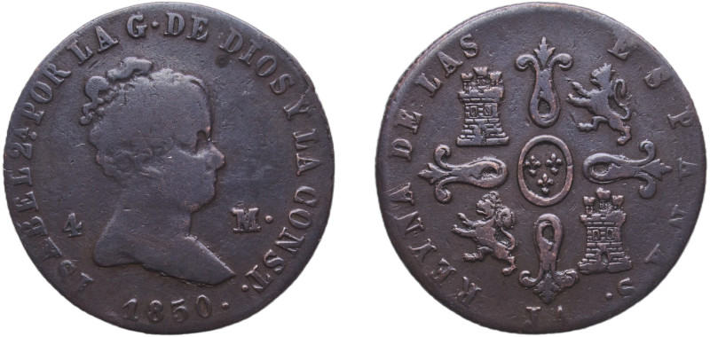 Spain Kingdom 1850 J 4 Maravedis - Isabel II Copper Jubia Mint 4.28g VF KM 530
