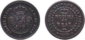 Spain Kingdom 1853 1 Decima de Real - Isabel II Copper Segovia Mint 3.9g AU KM 590