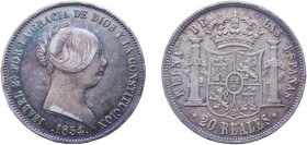 Spain Kingdom 1854 20 Reales - Isabel II Silver (.900) Seville Mint 25.9g AU KM 593.3