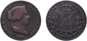 Spain Kingdom 1854 25 Centimos de Real - Isabel II Copper Segovia Mint 8.61g VF KM 615