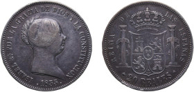 Spain Kingdom 1855 20 Reales - Isabel II Silver (.900) Madrid Mint (1229000) 25.78g XF KM 593.2