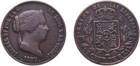 Spain Kingdom 1855 25 Centimos de Real - Isabel II Copper Segovia Mint 10g XF KM 615