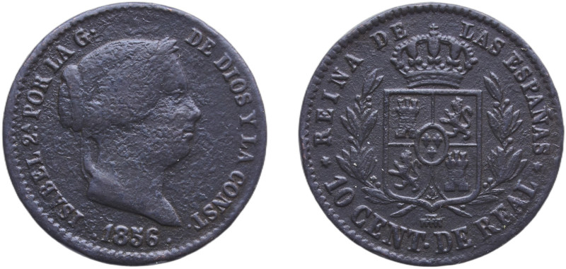 Spain Kingdom 1856 10 Centimos de Real - Isabel II Copper Madrid Mint 3.19g VF K...