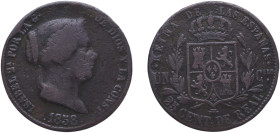 Spain Kingdom 1858 25 Centimos de Real - Isabel II Copper Segovia Mint 8.63g VF KM 615