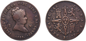 Spain Kingdom 1858 BA 2 Maravedis - Isabel II Copper La Seca Mimt 2.45g VF KM 532