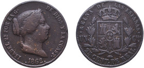Spain Kingdom 1862 25 Centimos de Real - Isabel II Copper Segovia Mint 9.51g VF KM 615