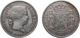 Spain Kingdom 1863 20 Reales - Isabel II Silver (.900) Seville Mint 25.69g XF KM 609.3