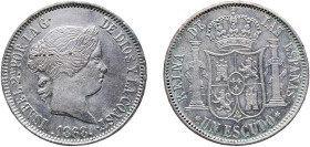 Spain Kingdom 1868 1 Escudo - Isabel II (Contemporary counterfeit in Brass, it is rare on this quality, Very interesting) Silver plated brass Madrid M...