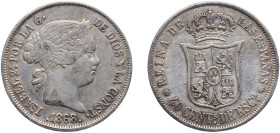 Spain Kingdom 1868 &#128972;18-68 40 Centimos de Escudo - Isabel II Silver (.810) Madrid Mint 5.08g XF KM 628