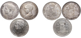 Spain Kingdom 1871 - 1897 5 Pesetas (Lot of 3 Coins, 1871, 1888, 1897 Visible all star) Silver Madrid Mint XF