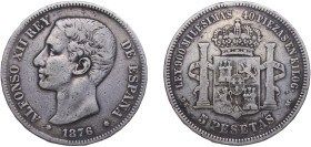 Spain Kingdom 1876 DEM 5 Pesetas - Alfonso XII (1st portrait;legend in edge) Silver (.900) Madrid Mint 24.55g VF KM 671