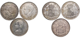 Spain Kingdom 1890 - 1896 5 Pesetas - Alfonso XIII (Lot of 3 Coins, 1890, 1894, 1896 Visible all star) Silver Madrid Mint XF