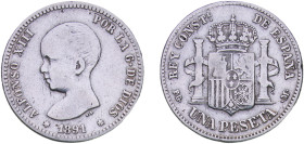 Spain Kingdom 1891 &#128972;18-91 PGM 1 Peseta - Alfonso XIII (1st portrait) Silver (.835) Madrid Mint (4948225) 4.87g VF KM 691