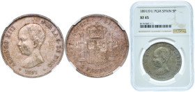 Spain Kingdom 1891 &#128972;18-91 PGM 5 Pesetas - Alfonso XIII (1st portrait) Silver (.900) Madrid Mint (11659556) 25g NGC XF 45 KM 689