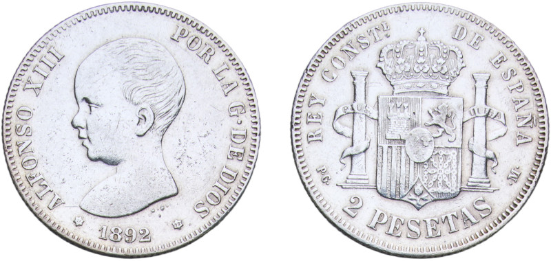 Spain Kingdom 1892 &#128972;18-92 PGM 2 Pesetas - Alfonso XIII (1st portrait) Si...