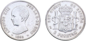 Spain Kingdom 1892 &#128972;18-92 PGM 2 Pesetas - Alfonso XIII (1st portrait) Silver (.835) Madrid Mint (1379000) 10g XF KM 692