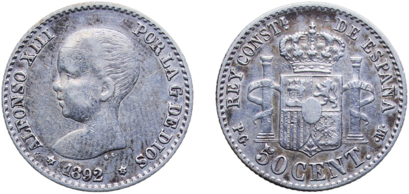 Spain Kingdom 1892 &#128972;9-2 50 Centimos - Alfonso XIII (1st portrait) Silver...