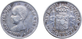 Spain Kingdom 1892 &#128972;9-2 50 Centimos - Alfonso XIII (1st portrait) Silver (.835) Madrid Mint (3953540) 2.48g XF KM 690