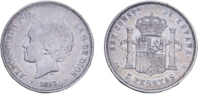 Spain Kingdom 1893 &#128972;18-?? PGV 5 Pesetas - Alfonso XIII (2nd portrait) Silver (.900) Madrid Mint (518000) 24.81g VF KM 700