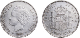 Spain Kingdom 1893 &#128972;18-93 PGL 5 Pesetas - Alfonso XIII (2nd portrait) Silver (.900) Madrid Mint (2500000) 25.03g XF Cleaned KM 700