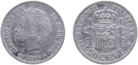 Spain Kingdom 1894 &#128972;9-4 PGV 50 Centimos - Alfonso XIII (2nd portrait) Silver (.835) Madrid Mint (1109205) 2.46g VF KM 703