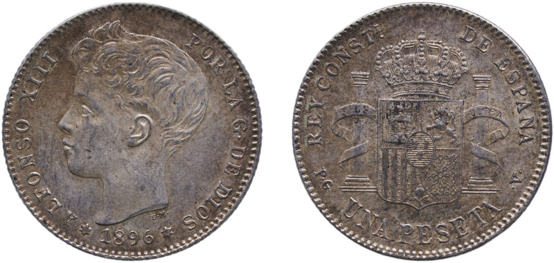 Spain Kingdom 1896 &#128972;18-96 PGV 1 Peseta - Alfonso XIII (3rd portrait) Sil...