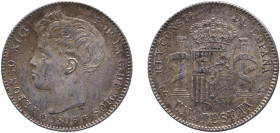 Spain Kingdom 1896 &#128972;18-96 PGV 1 Peseta - Alfonso XIII (3rd portrait) Silver (.835) Madrid Mint (6412000) 4.95g AU KM 706