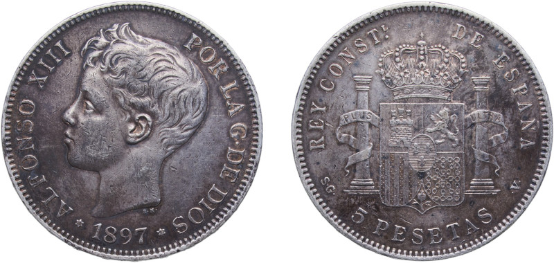 Spain Kingdom 1897 &#128972;18-97 SGV 5 Pesetas - Alfonso XIII (3rd portrait) Si...