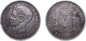 Spain Kingdom 1897 &#128972;18-97 SGV 5 Pesetas - Alfonso XIII (3rd portrait) Silver (.900) Madrid Mint (6733000) 24.86g AU KM 707