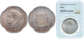 Spain Kingdom 1898 &#128972;18-98 SGV 5 Pesetas - Alfonso XIII (3rd portrait) Silver (.900) Madrid Mint (39977000) 25g NGC MS 62 KM 707