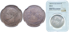 Spain Kingdom 1899 &#128972;18-99 SGV 5 Pesetas - Alfonso XIII (3rd portrait) Silver (.900) Madrid Mint (13930000) 25g NGC MS 61 KM 707