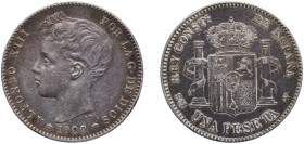 Spain Kingdom 1900 &#128972;19-00 SMV 1 Peseta - Alfonso XIII (3rd portrait) Silver (.835) Madrid Mint (18650000) 4.99g AU KM 706