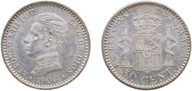 Spain Kingdom 1904 &#128972;0-4 SMV 50 Centimos - Alfonso XIII (4th portrait) Silver (.835) Madrid Mint (4851000) 2.5g UNC KM 723