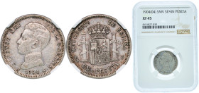 Spain Kingdom 1904 &#128972;19-04 SMV 1 Peseta - Alfonso XIII (4th portrait) Silver (.835) Madrid Mint (5294000) 5g NGC XF 45 KM 721