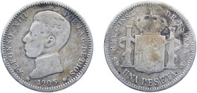 Spain Kingdom 1905 &#128972;19-05 SMV 1 Peseta - Alfonso XIII (4th portrait) Silver (.835) Madrid Mint (492000) 4.71g VF KM 721