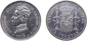 Spain Kingdom 1905 &#128972;19-05 SMV 2 Pesetas - Alfonso XIII (4th portrait) Silver (.835) Madrid Mint (3589000) 10.03g UNC KM 725