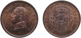 Spain Kingdom 1911 &#128972;11 PCV 2 Centimos - Alfonso XIII (5th portrait) Bronze Madrid Mint (2284000) 1.94g UNC KM 732
