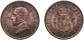 Spain Kingdom 1913 &#128972;3 PCV 1 Centimo - Alfonso XIII (5th portrait) Bronze Madrid Mint (1429000) 0.97g UNC KM 731